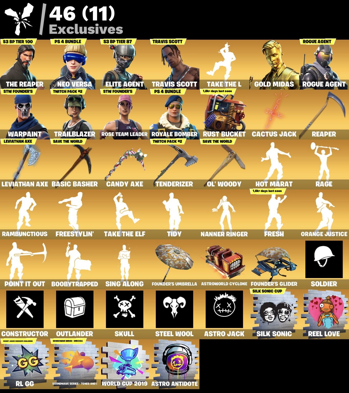 Fortnite Account - Travis Scott - Leviathan Spitzhacke - S3 Battlepass - Royale Bomber - Fresh Tanz - 137 Skins