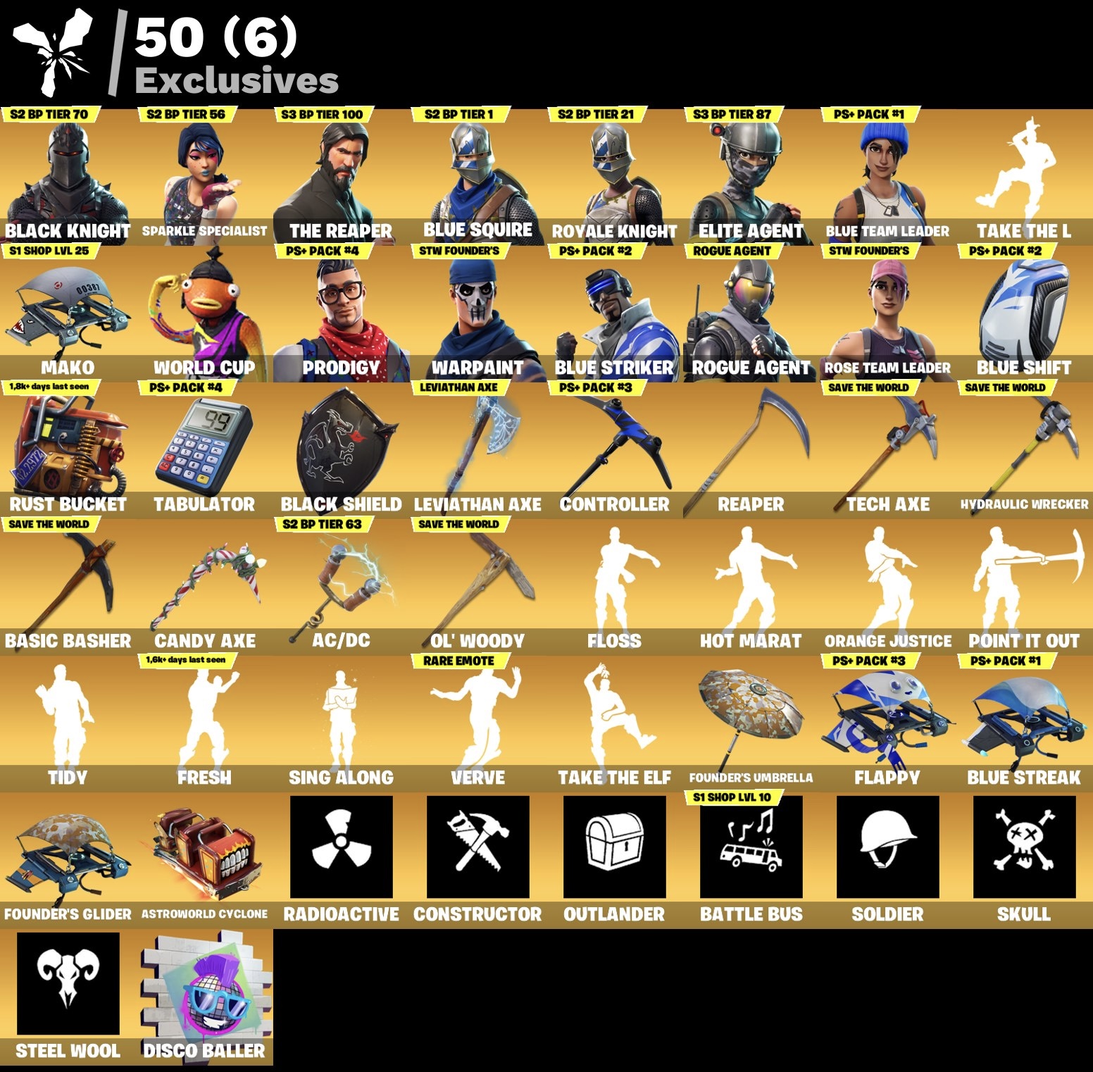 Fortnite Account - Schwarzer Ritter - Leviathan Pickaxe - S3 Battle Pass - Mako - 137 Skins
