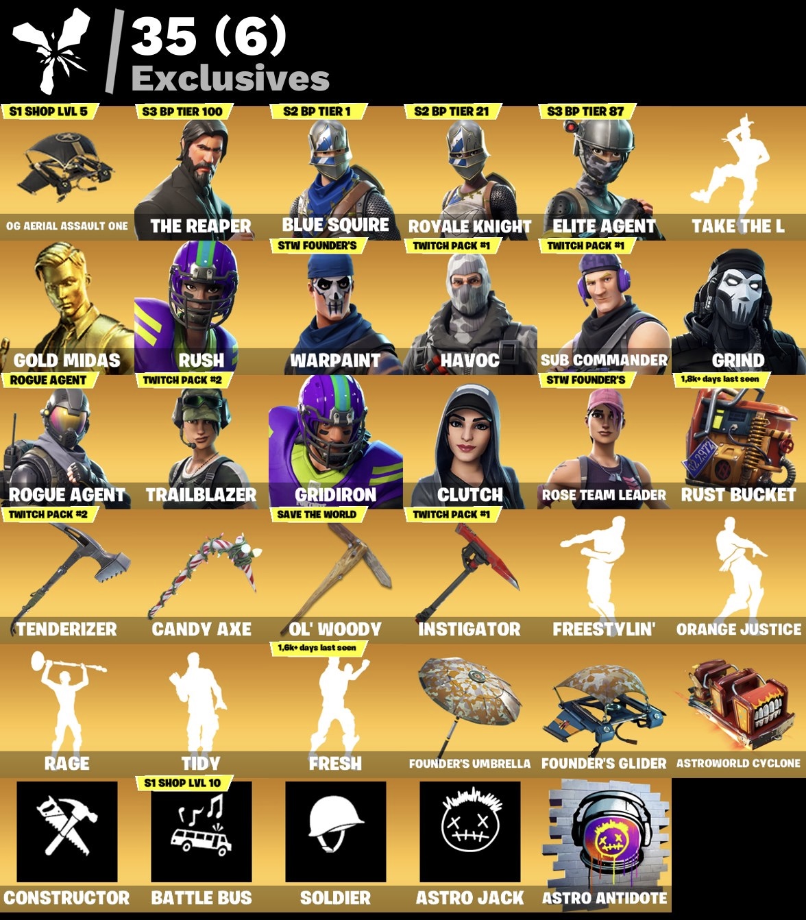 Fortnite Account - OG Aeriel Assault One - Royale Ritterin - S3 Battelpass - Battle Bus Banner - Fresh Tanz - 110 Skins
