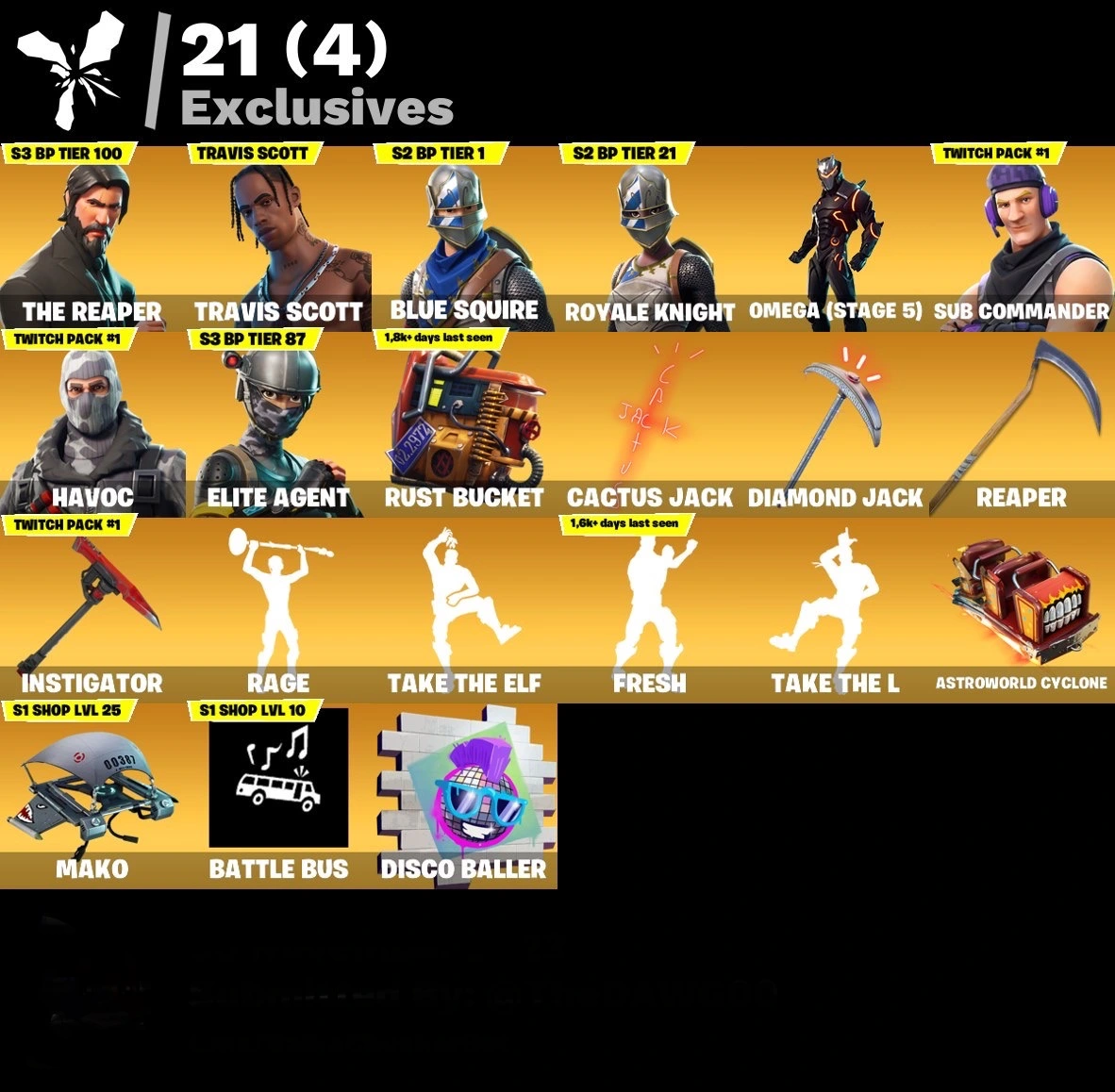 Fortnite Account - Travis Scott - Sensenmann - Schwarzer Ritter - Mako Gleiter - 102 Skins