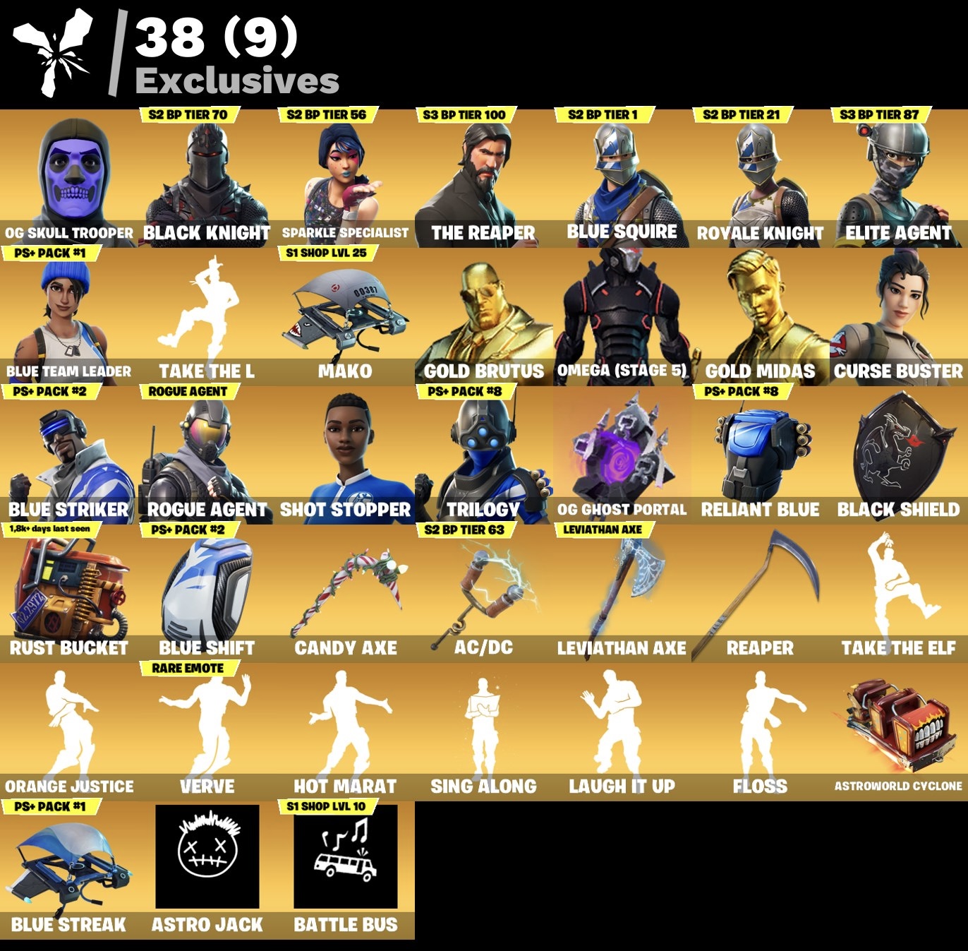 Fortnite Account - OG Skull Trooper - Schwarzer Ritter - S3 Battelpass - Leviathan Spitzhacke - Battle Bus Banner - 139 Skins