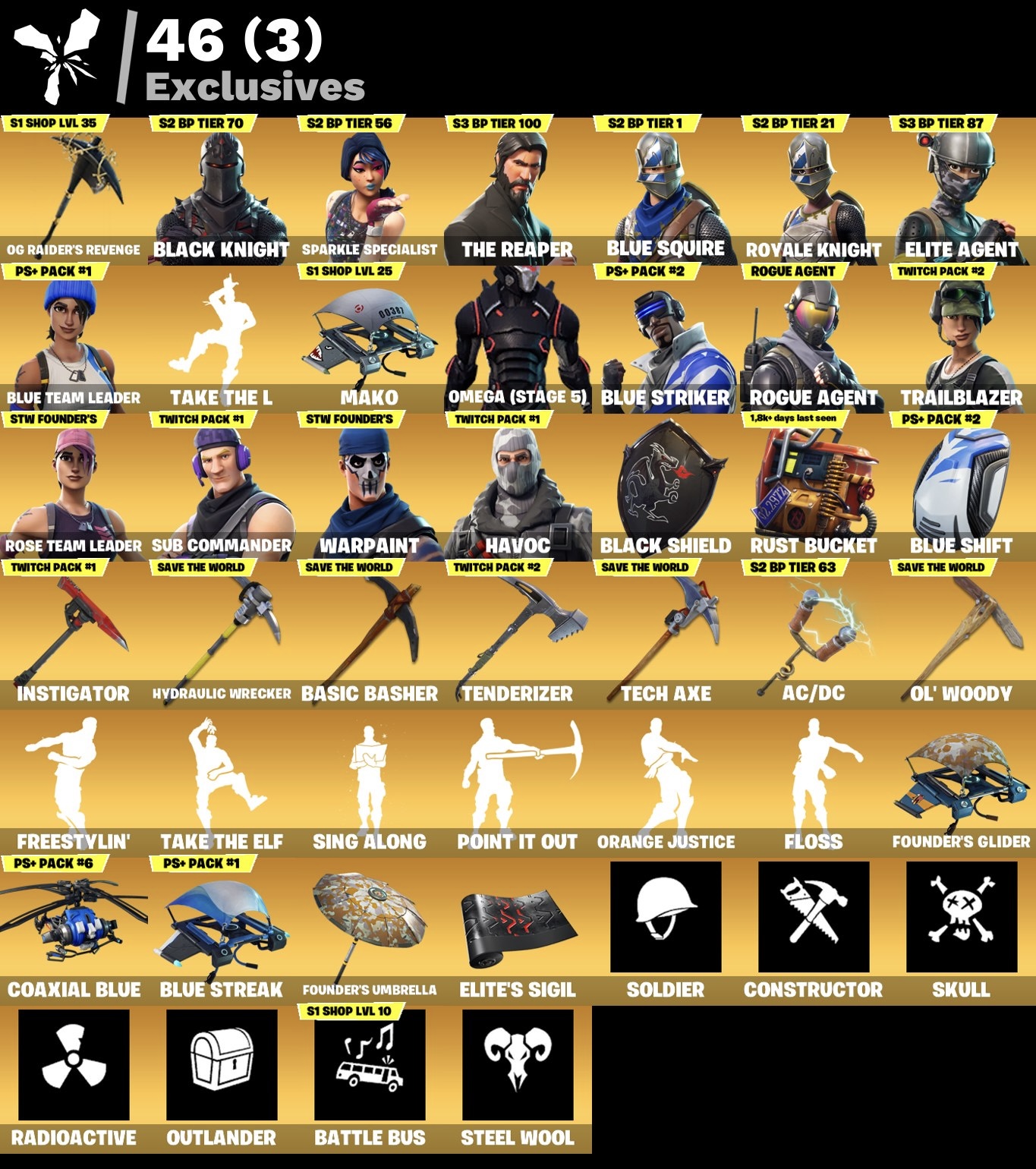 Fortnite Account - Schwarzer Ritter - OG Raiders Revenge Spitzhacke - S3 Battle Pass - Point It Out Emote - Mako - 98 Skins