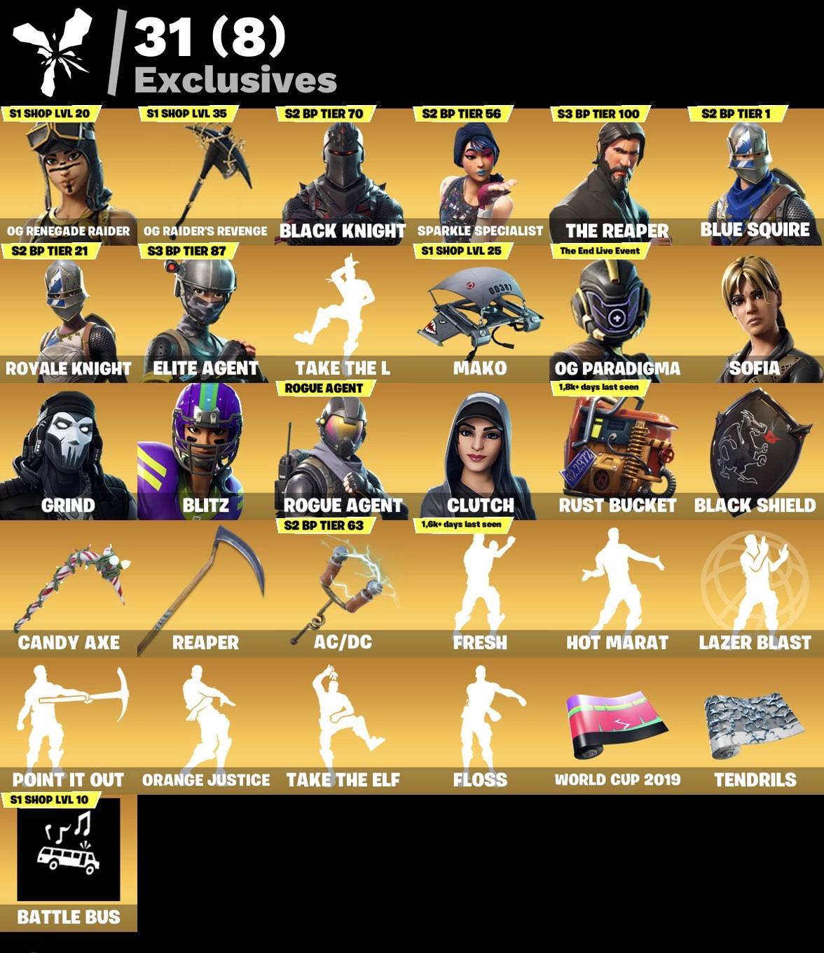 Fortnite Account - OG Renegade Raider - OG Raiders Revenge Spitzhacke - Schwarzer Ritter - S3 Battle Pass - Battle Bus Banner - Mako - 213 Skins