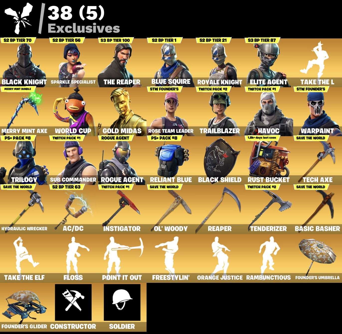 Fortnite Account - Black Knight - Merry Minty Spitzhacke - S3 Battelpass - Mako Gleiter - Battel Bus Banner - 128 Skins