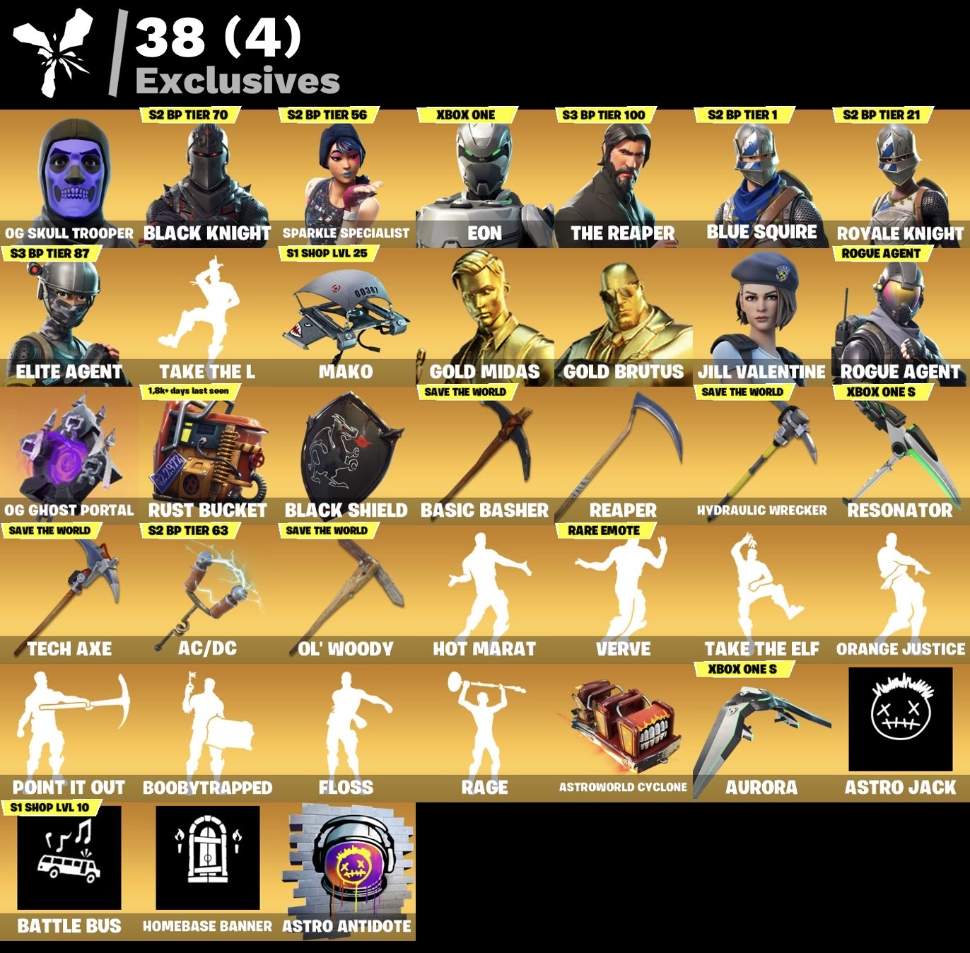Fortnite Account - OG Skull Trooper - Black Knight - Eon - S3 Battelpass - Battle Bus Banner - 127 Skins